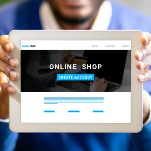 Young black businessman showing tablet with online shop website on screen, creative collage