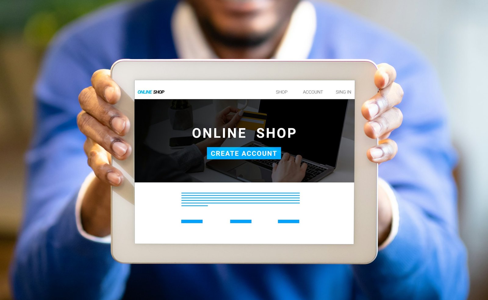 Young black businessman showing tablet with online shop website on screen, creative collage